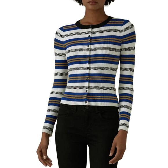 Karen Millen White Blue Gold Striped Rib Knit Snap Closure LS Cardigan Sweater S - Picture 1 of 12